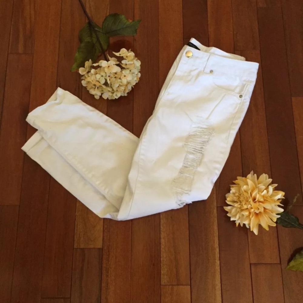 Forever 22 White Distressed Straight Leg Jeans